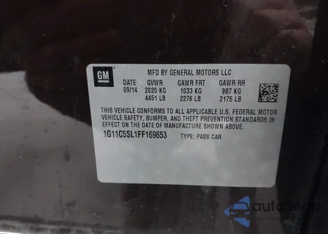 2015 Chevrolet Malibu 1Lt from USA, damaged, VIN 1G11C5SL1FF169653